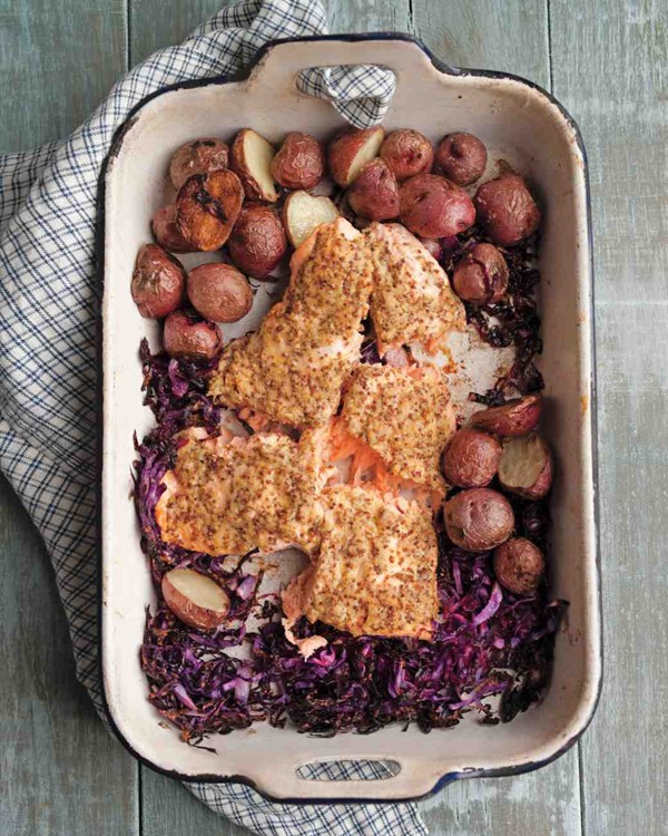 Mustard salmon with cabbage and potatoes