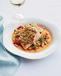 Mustard salmon with cannellini bean ragu