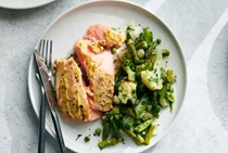 Mustard salmon with spring vegetable stew