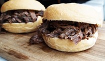 Mustard-smashed bison cheeseburgers & saucy onions