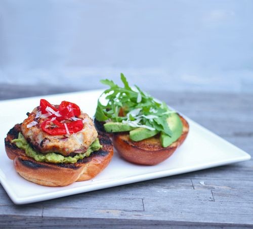 Mustard turkey burgers with avocado, Parmesan and peppadew peppers