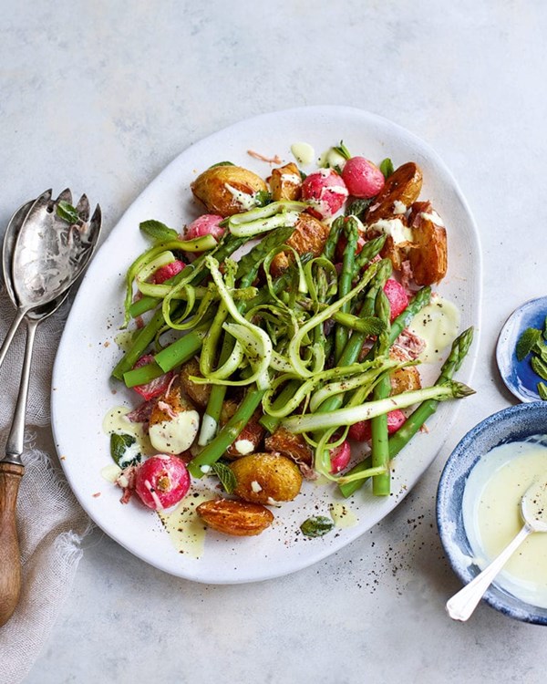 Mustardy asparagus, ham hock and potato salad
