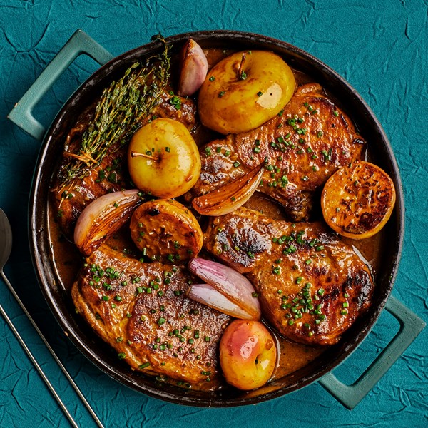 Mustardy cider-braised pork chops 