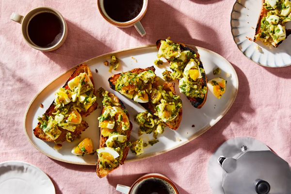 Mustardy egg salad toasts with capers & cornichons