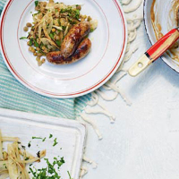 Mustardy green lentils with fennel and sausages