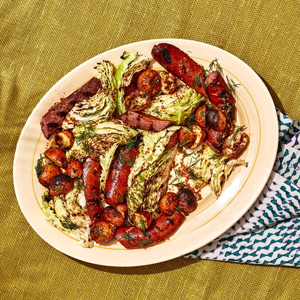 Mustardy grilled cabbage and kielbasa 