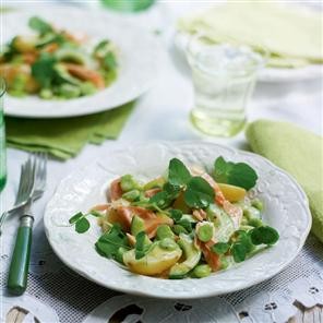 Mustardy potato and hot smoked salmon salad