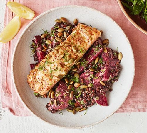 Mustardy salmon with beetroot & lentils 