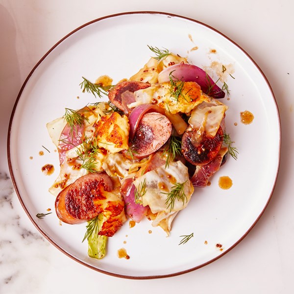 Mustardy sausage and halloumi stir-fry