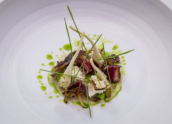 Mutton bresaola, artichokes, goat's curd, wheatgrass