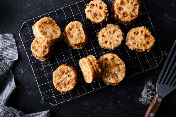 My grandmother's fried lotus and minced pork stacks