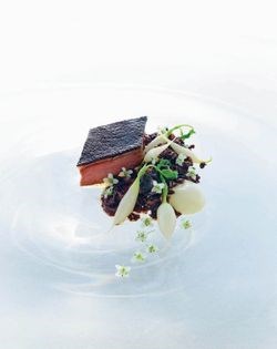 My roast goose, forbidden rice, black miso, soy milk cream, hatsuka radish, wasabi flowers