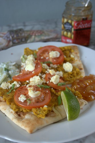 Naan bread lentil dal pizza