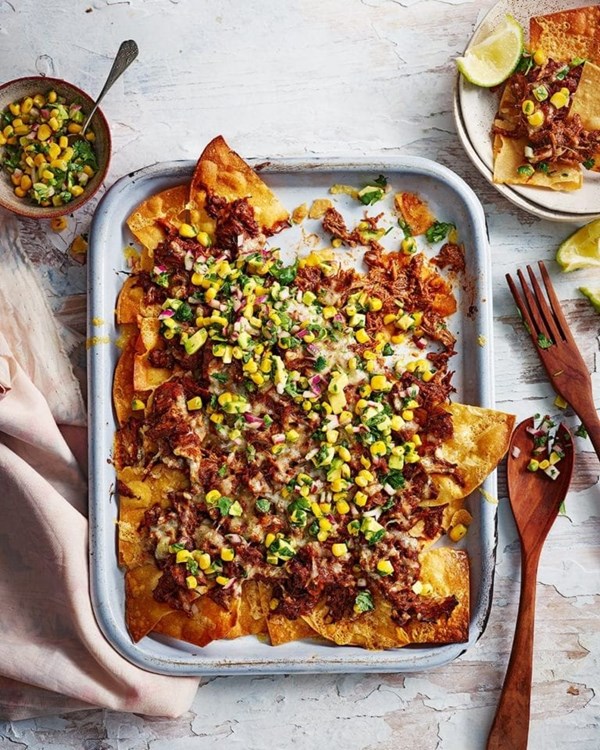 Nachos with pulled pork and sweet corn