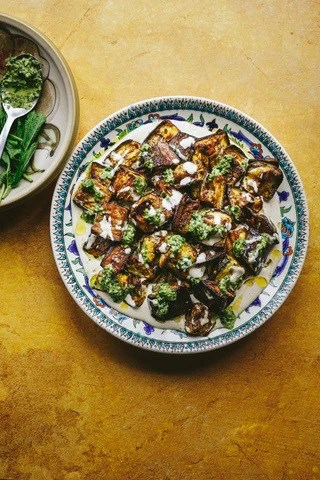 Nadir's roasted aubergines with tahinia and sahawig
