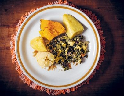 Nan Jean’s Jamaican vegan callaloo and ackee with steamed pumpkin and roots