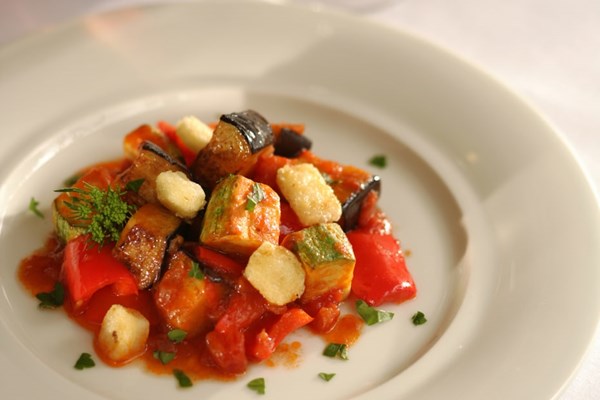 Naoussa summer stew with fried cheese (Mantza)