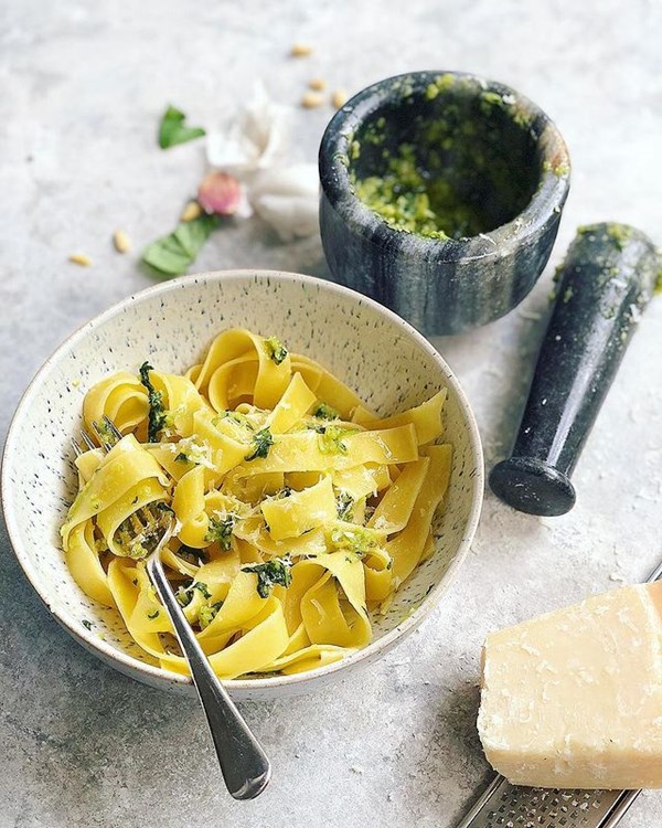 Narrow ribbon pasta with pesto
