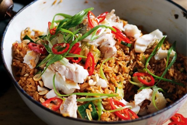 Nasi goreng with flaked snapper