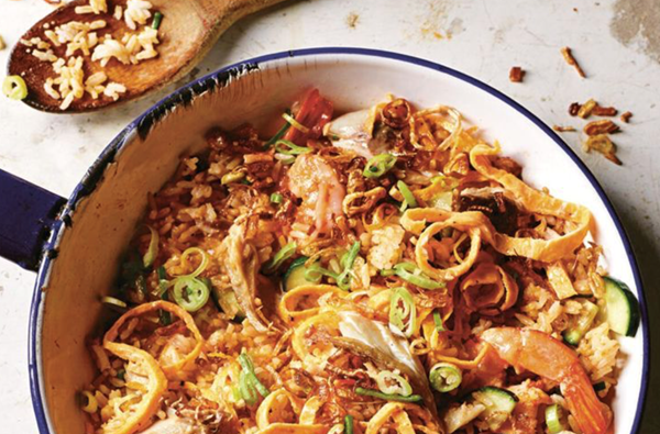 Nasi goreng with mackerel and prawns