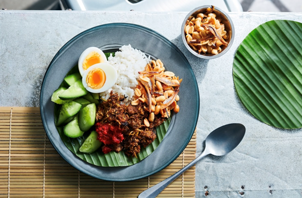 Nasi lemak with spiced coconut beef