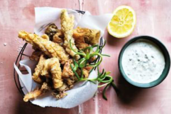 Native herb-crusted squid with karkalla and chilli tartare