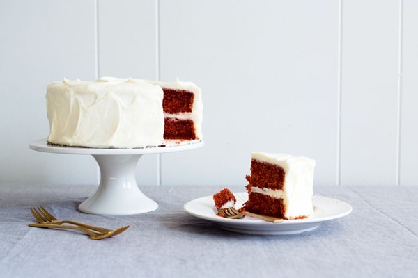 Naturally-dyed red velvet cake with cream cheese frosting