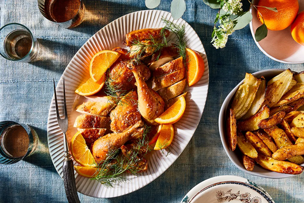 Navel orange-marinated chicken with crispy potatoes & fennel