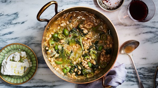 Navy bean and escarole stew with feta and olives