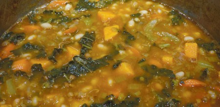 Navy bean and lentil soup with sweet potato and kale