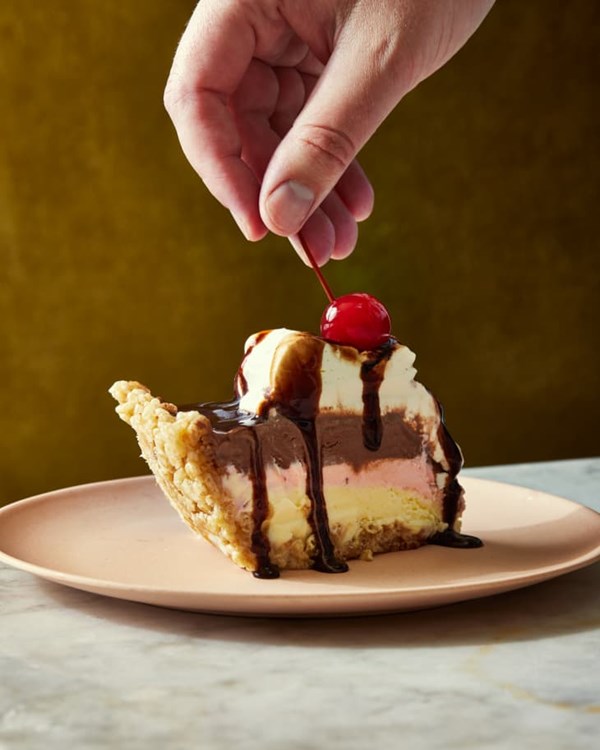 Neapolitan ice cream pie with Rice Krispies crust