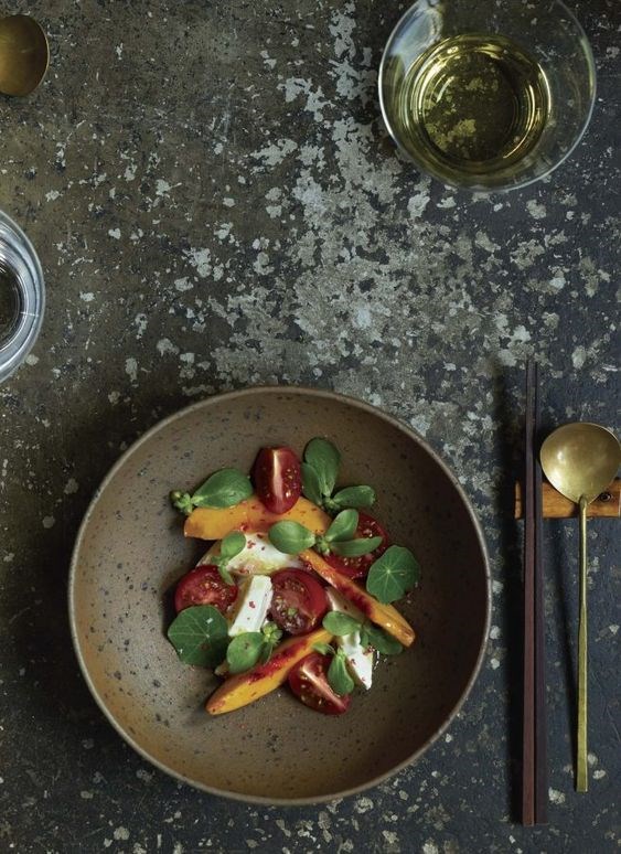 Nectarine and burrata salad with fermented tomato jelly [Kan Morieda, Salmon & Trout]