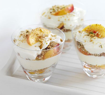 Nectarine and pistachio crunch layers