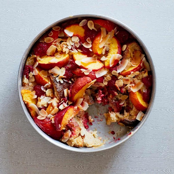 Nectarine and raspberry bread pudding