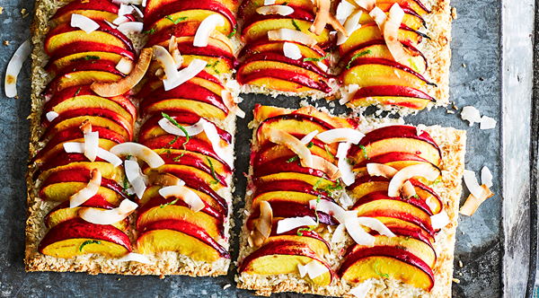 Nectarine, coconut and lime tray-tart