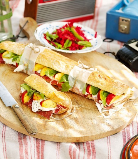 Nectarine, cured ham and mozzarella baguette