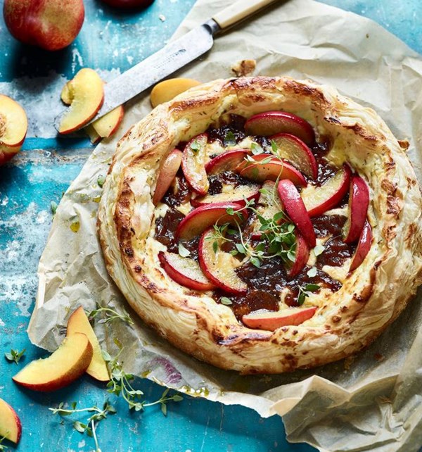 Nectarine, goat's cheese and caramelised onion galette