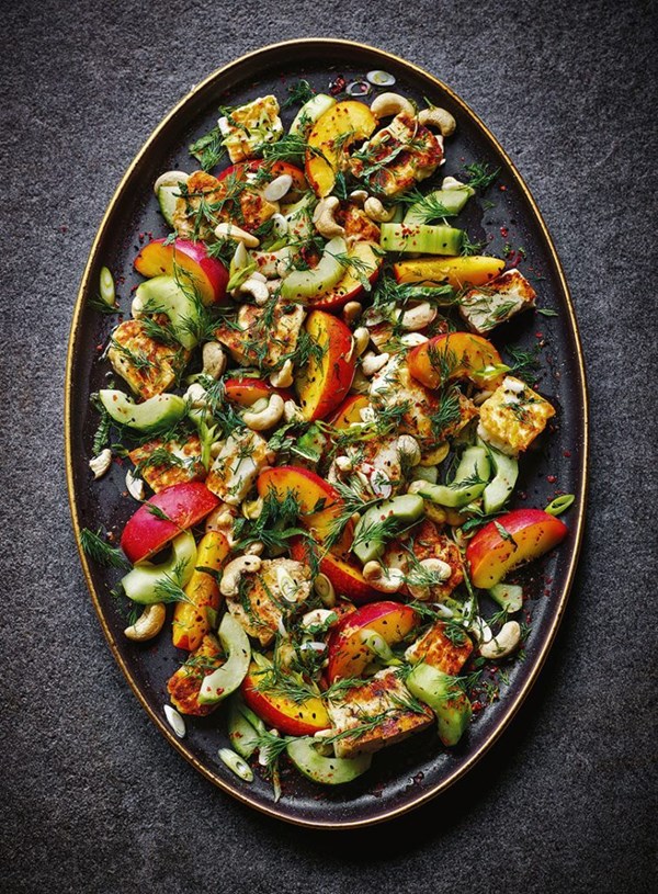 Nectarine, haloumi and cucumber salad with cashews