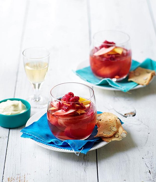 Nectarine jelly with elderflower cream and crushed raspberry ice