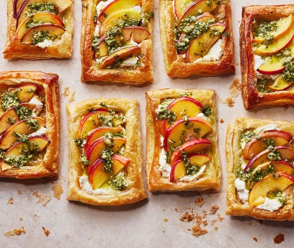 Nectarine, ricotta & pesto tarts