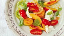 Nectarine, tomato and basil salad with torn mozzarella