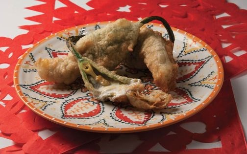 Negra Modelo battered squash blossoms stuffed with requesón (Flores de calabaza fritas relleno de requesón)