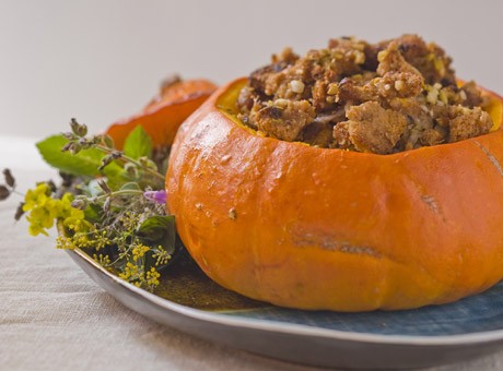 Neo-classical Thanksgiving dressing with apricots and prunes, stuffed in a whole pumpkin