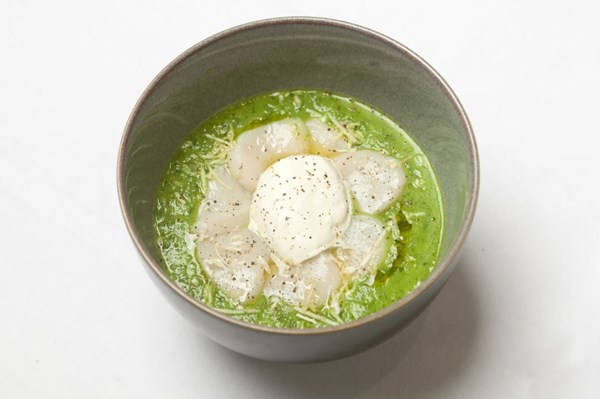 Nettle broth with scallops & horseradish [Richard Corrigan]