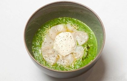 Nettle broth with scallops and horseradish