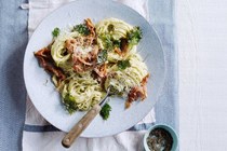 Nettle spaghetti cacio e pepe with guanciale