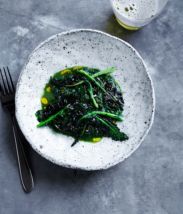 Nettles with spelt, smoked bone marrow and toasted broccoli leaves