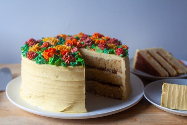 New classic celebration cake [salted butter caramel filling, vanilla bean custard frosting]