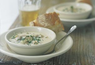 New England clam chowder with leeks and bacon