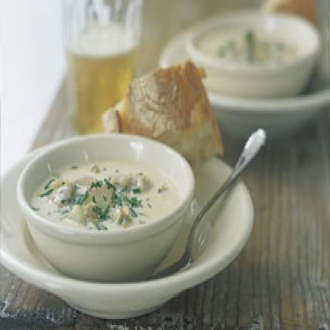 New England clam chowder with leeks and bacon